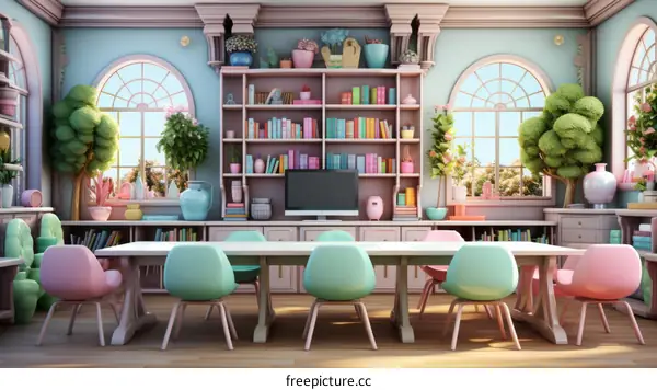 A beautiful living room with a large library