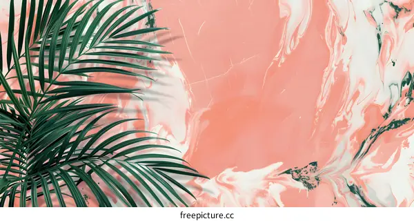 Tropical Palm Leaf on Pink Marble Background