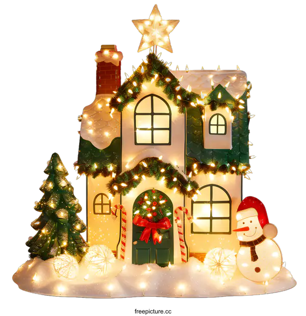 [Transparent Background PNG]Illuminated Christmas House Decoration With Snowman
