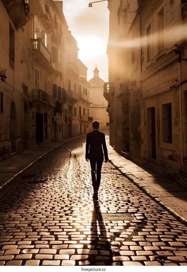 Silhouette of Man Walking on Cobblestone Street in European City at Sunset
