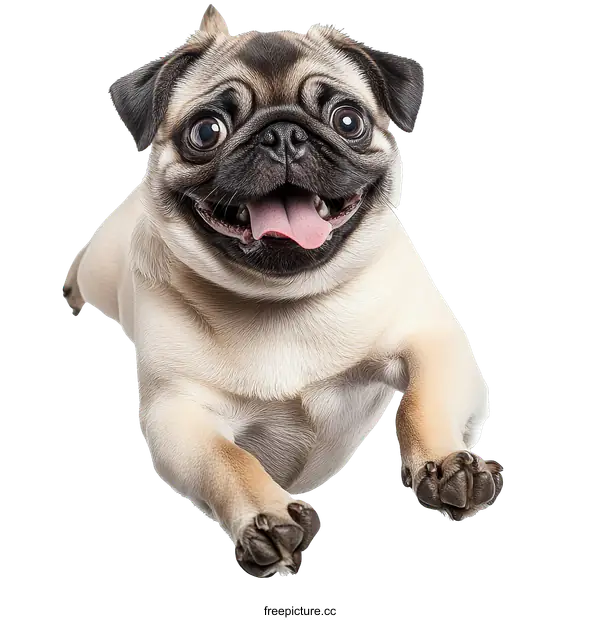 [Transparent Background PNG]Happy Pug Dog Jumping in Front of White Background