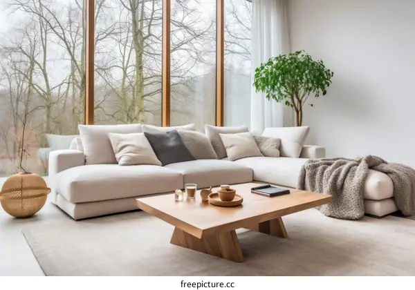 Airy and bright living room with large windows and a comfortable sofa