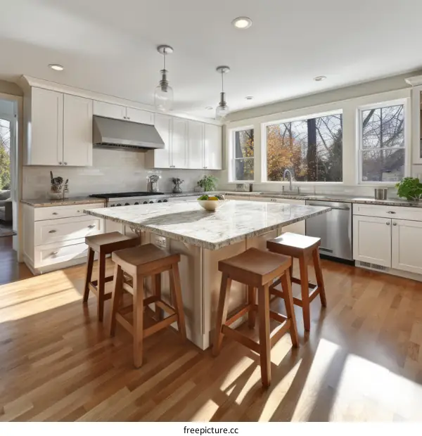 Modern kitchen with large island and hardwood floors