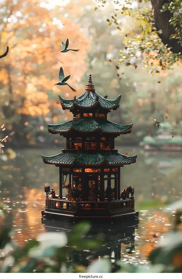 Chinese Pagoda Floating On Water In Autumn