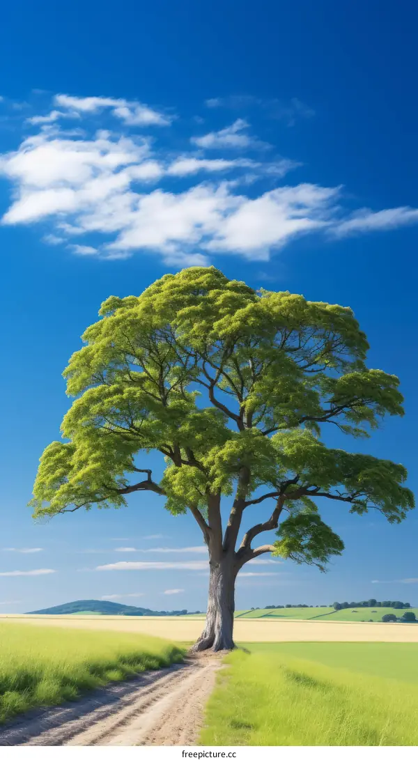 Solitary Tree in a Field with Blue Sky