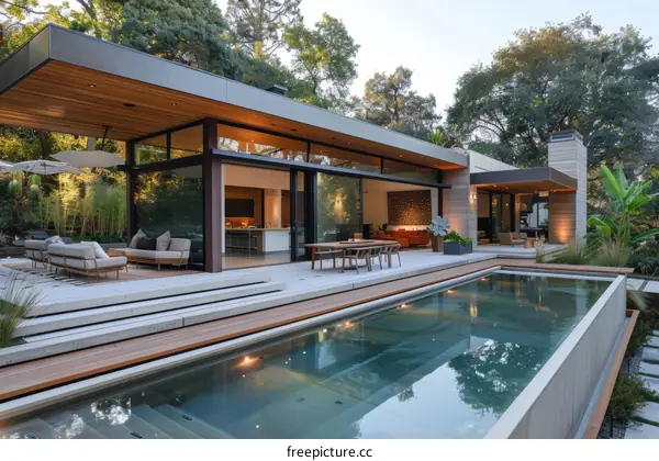 Modern House Exterior with Pool and Large Glass Windows