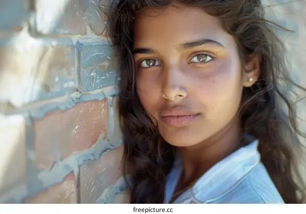 Portrait of a young woman with long brown hair and light brown eyes