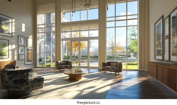Modern Lobby with Large Windows and Artwork