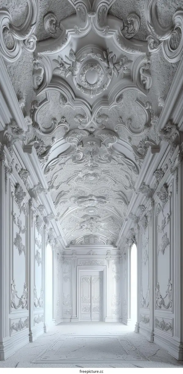 Elegant White Baroque Hallway with Ornate Ceiling
