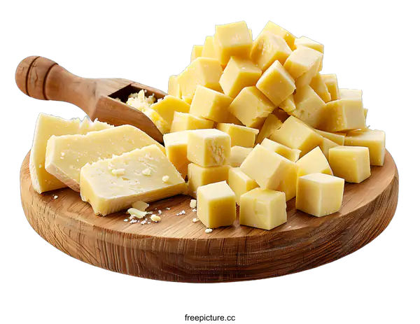 [Transparent Background PNG]Heap of yellow cheese cubes and a wooden scoop on a round wooden board