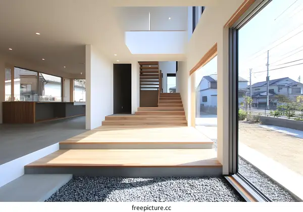 Modern Minimalist Japanese Home Interior Design With Wooden Stairs and Stone Floor