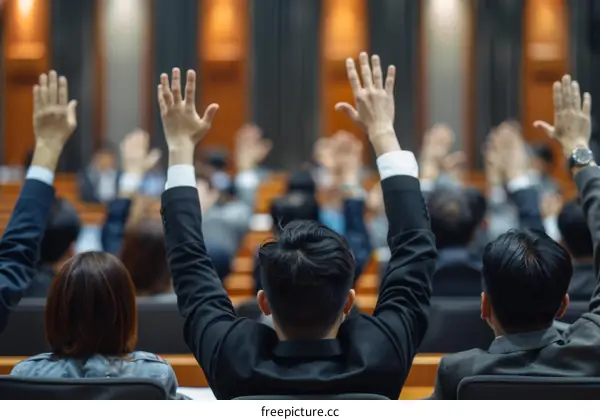 People raising their hands in a meeting