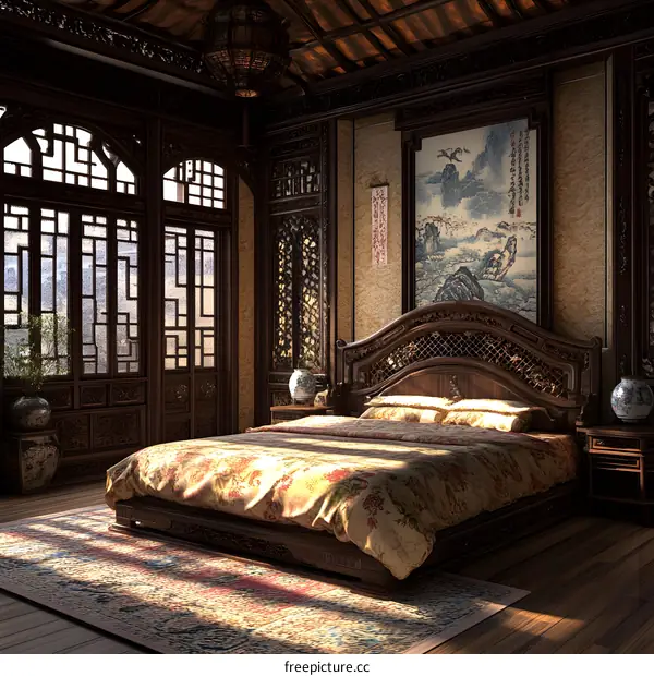 Traditional Chinese Bedroom Design With Wooden Bed and Carved Decor