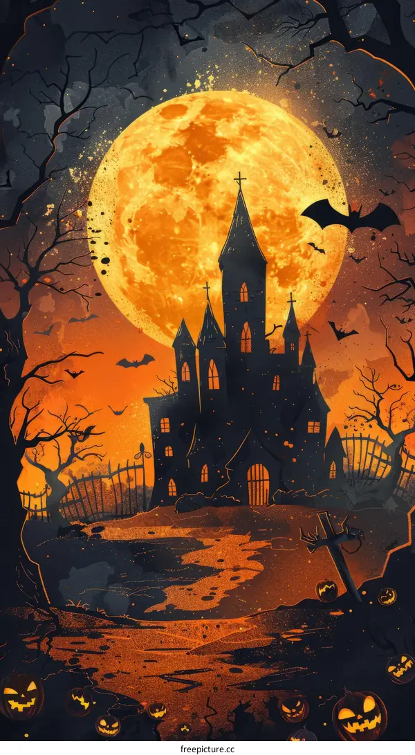 Illustration of a haunted house with a full moon in the background