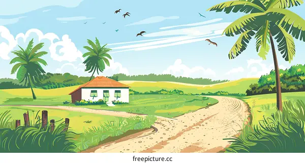 Tropical Landscape With Palm Trees and House