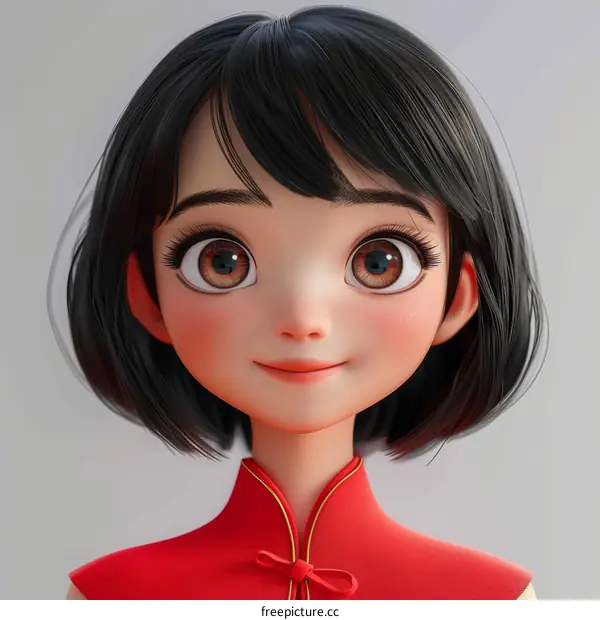3D rendering of a young woman with short black hair and brown eyes wearing a red cheongsam