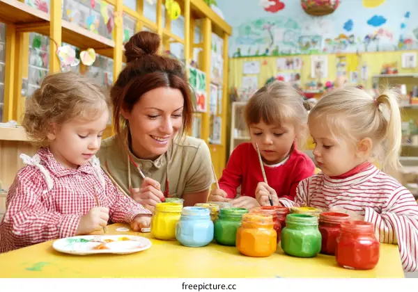 Preschool Children Painting with Teacher