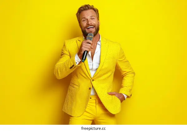 Stylish Man in a Vibrant Yellow Suit Singing with Microphone
