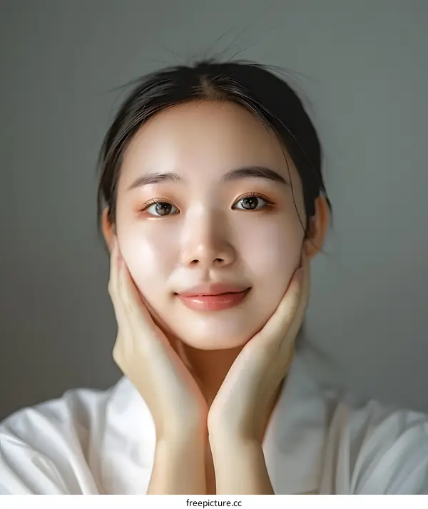 Beautiful Asian Woman Portrait With Soft Skin In White Shirt