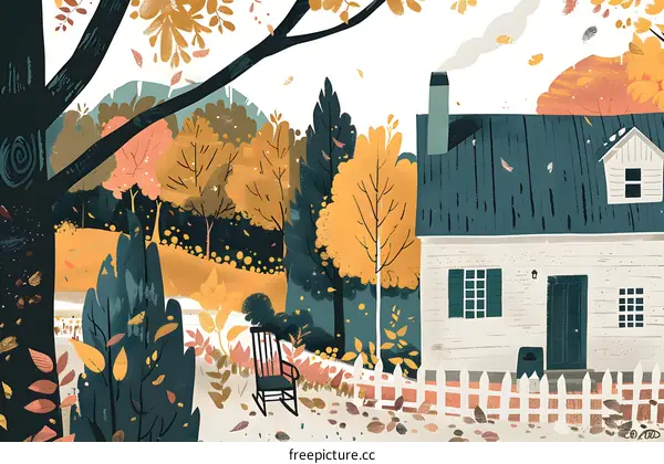 Autumn Illustration with a House and a Rocking Chair