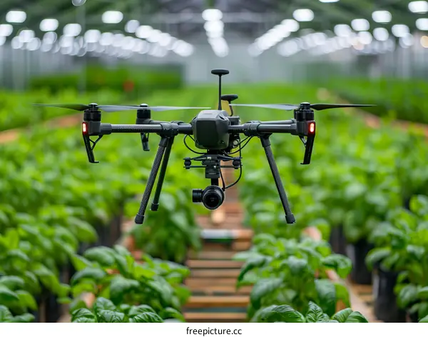 Drone flying over a field of crops
