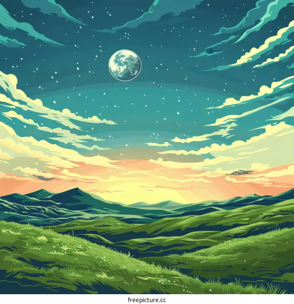 Green Undulating Hills under a Starlit Night