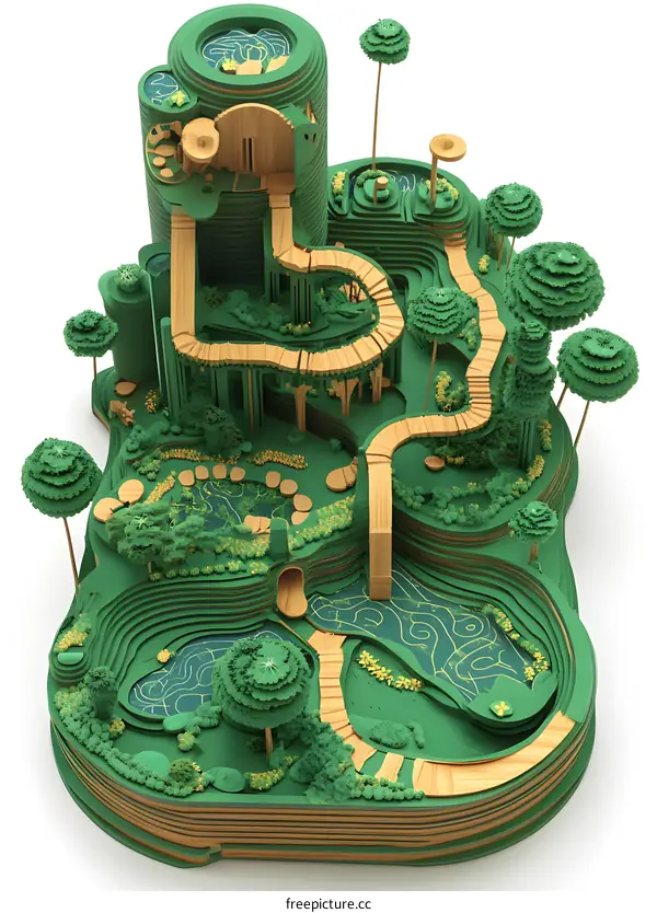 Green Papercut  3D Architectural Model of a Fantasy Garden with Trees and Paths