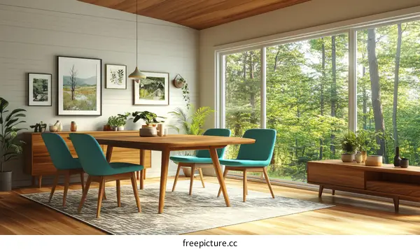 Modern Dining Room with Forest View Illustration