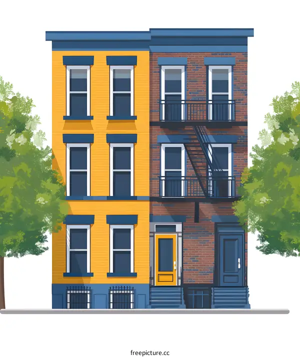 Yellow Brick Building with Blue Trim and Stairs