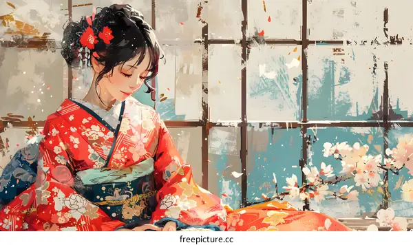 A woman in a red kimono is sitting on the floor in front of a window.