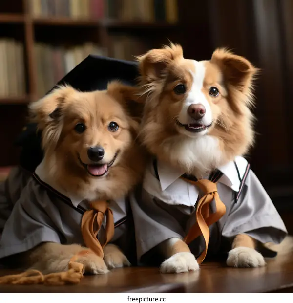 Two dogs wearing graduation caps and gowns