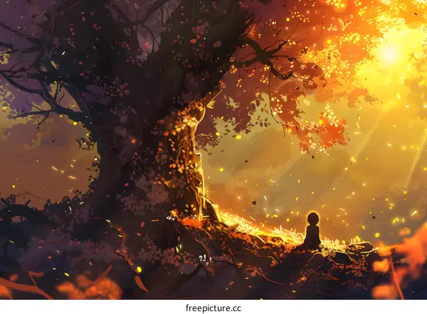 Lonely Person Sitting Under a Tree With Autumn Leaves Falling