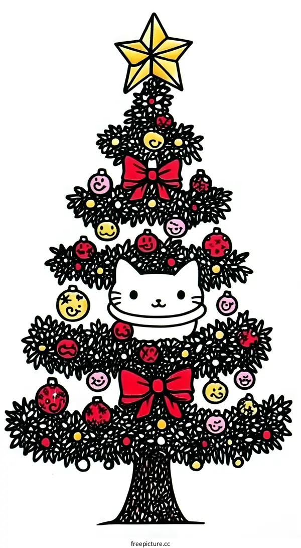 Christmas Tree with Cat Illustration