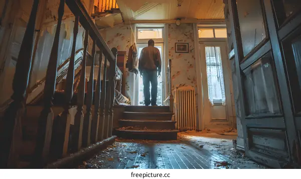 A man standing in a ruined house