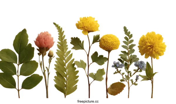 [Transparent Background PNG]Arrangement of Dried Flowers and Leaves on White Background