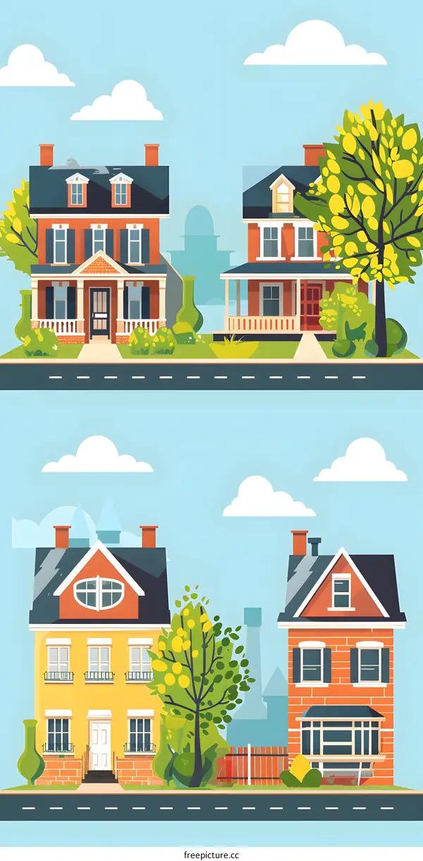 Beautiful Cartoon Suburban Houses with Lush Green Lawns