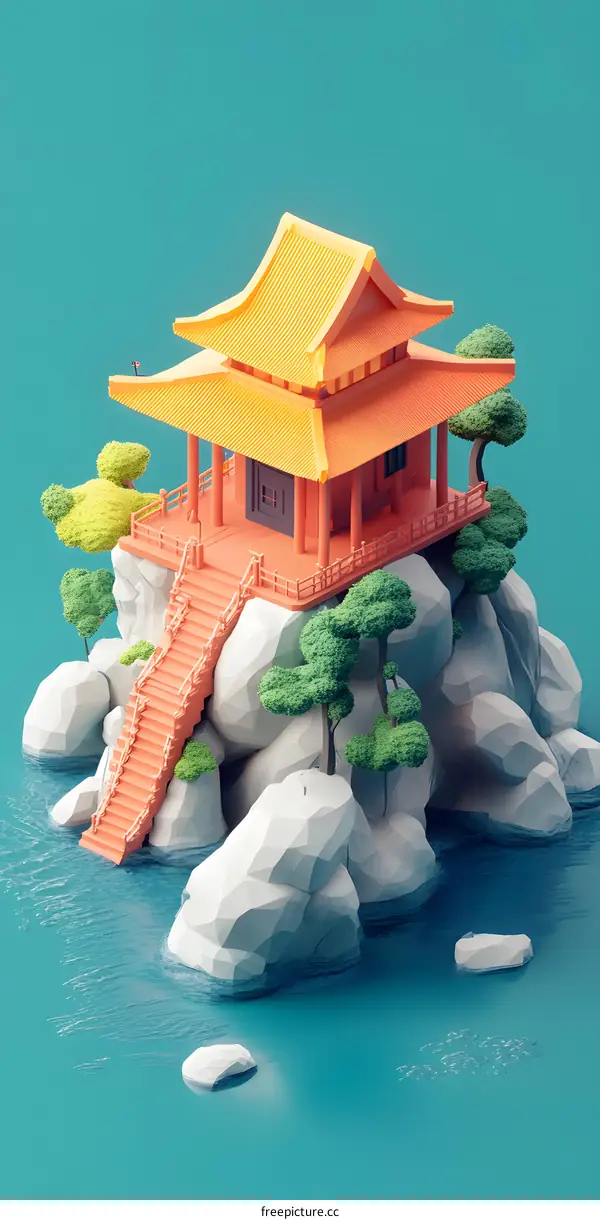 Low Poly Style Illustration of a Traditional Chinese House on an Island