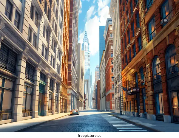 Street view of a city with tall buildings