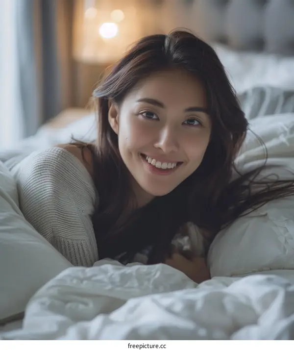 A beautiful Asian woman smiling while lying in bed