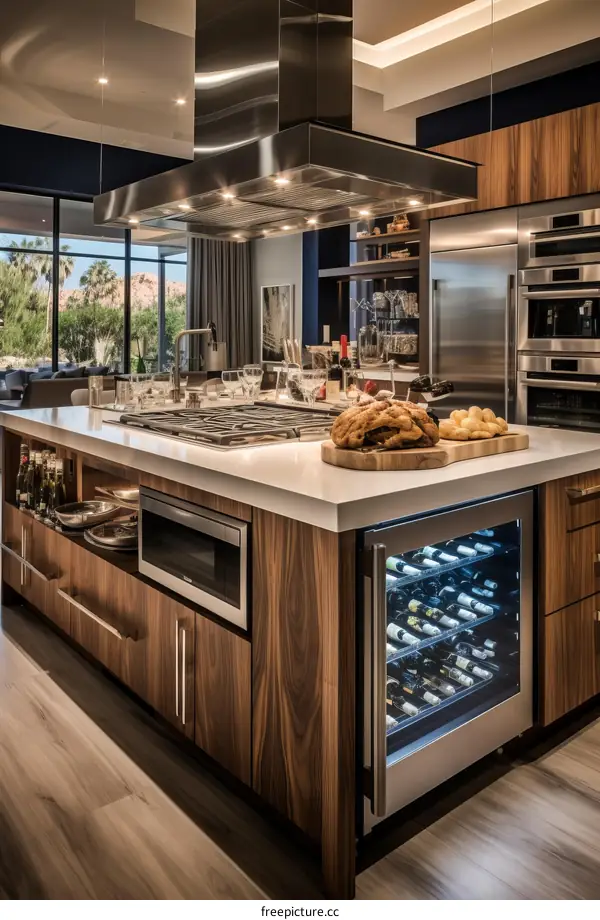 Modern kitchen island with stainless steel appliances and a wine fridge