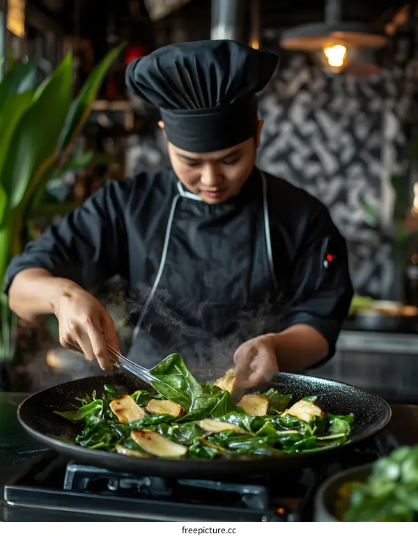 Asian Chef Cooking Green Vegetables in a Wok