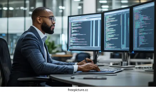 Focused Black Businessman Working on Multiple Computer Screens