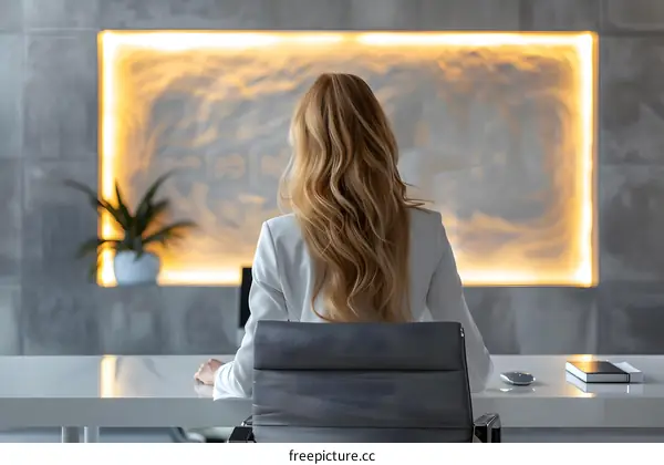 businesswoman sitting with back to camera in modern office interior