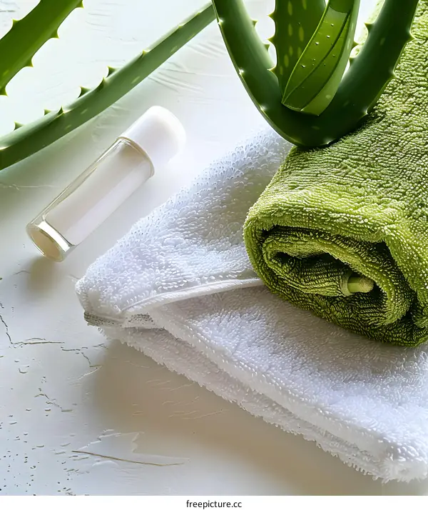 Aloe Vera Plant with Towels and Lotion for Spa Treatment