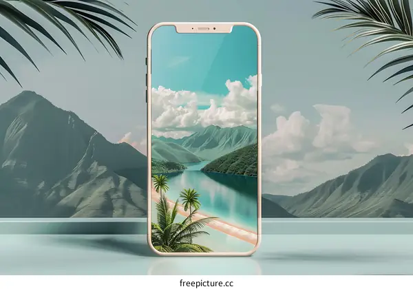 Smartphone Displaying a Beautiful Mountain Lake Scene