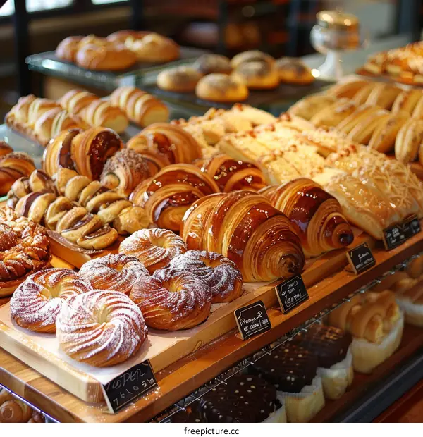 Freshly baked pastries on wooden shelves in a bakery