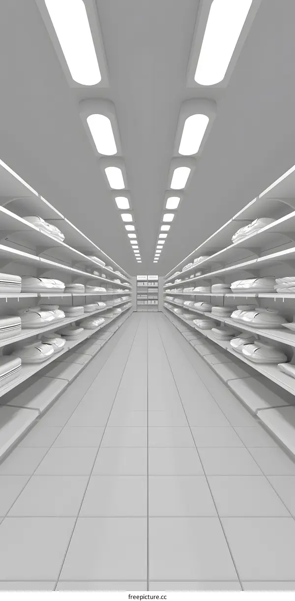 Empty White Supermarket Aisle with Fluorescent Lights