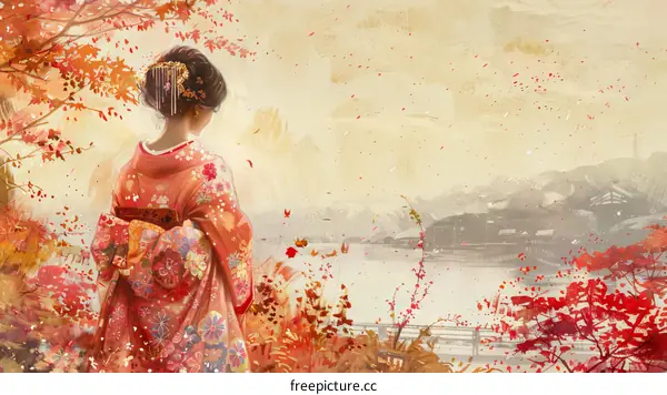 A woman in a red kimono standing on a bridge in a Japanese garden