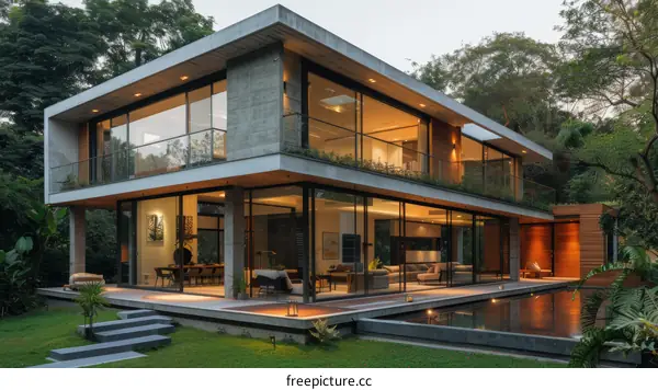 Modern House With Large Glass Windows Surrounded By Trees