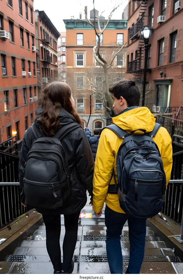 Couple Walking Up Stairs in the City with Backpacks